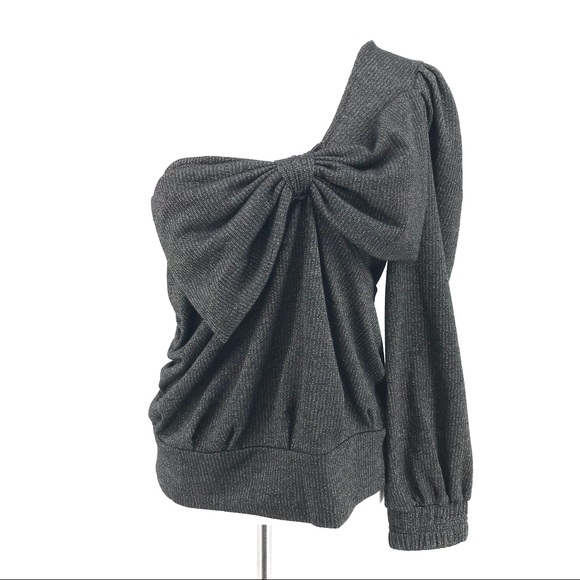 Current Air Tops - Current Air Anthropologie Black Sparkle Bow-Tie One-Shoulder Top
